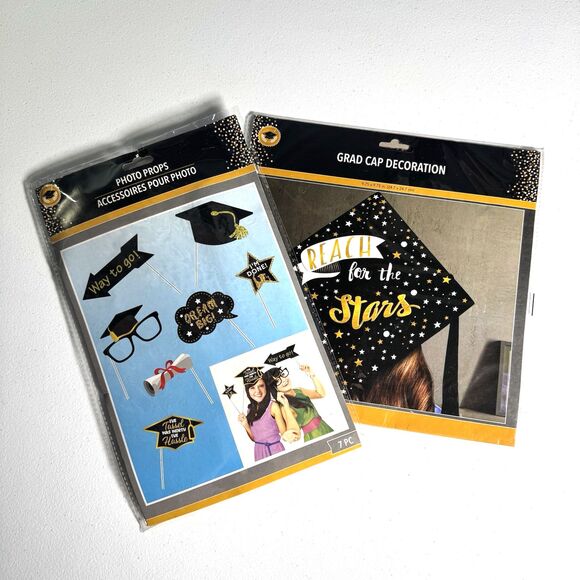 Graduation 7 Pc Photo Props - Party Decor and One‎ Grad Cap Decoration Cap Cover - Picture 1 of 5
